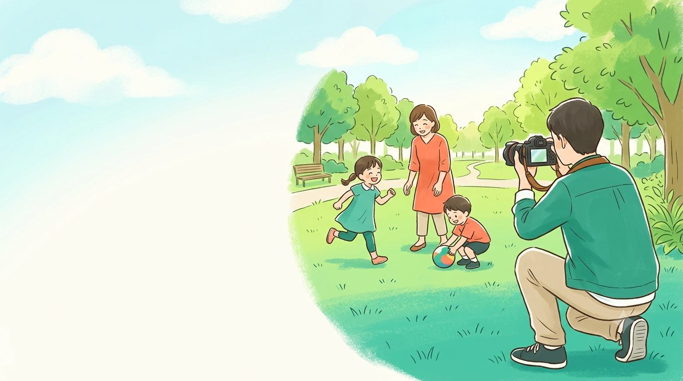 公園で家族の写真を撮る父親のイラスト