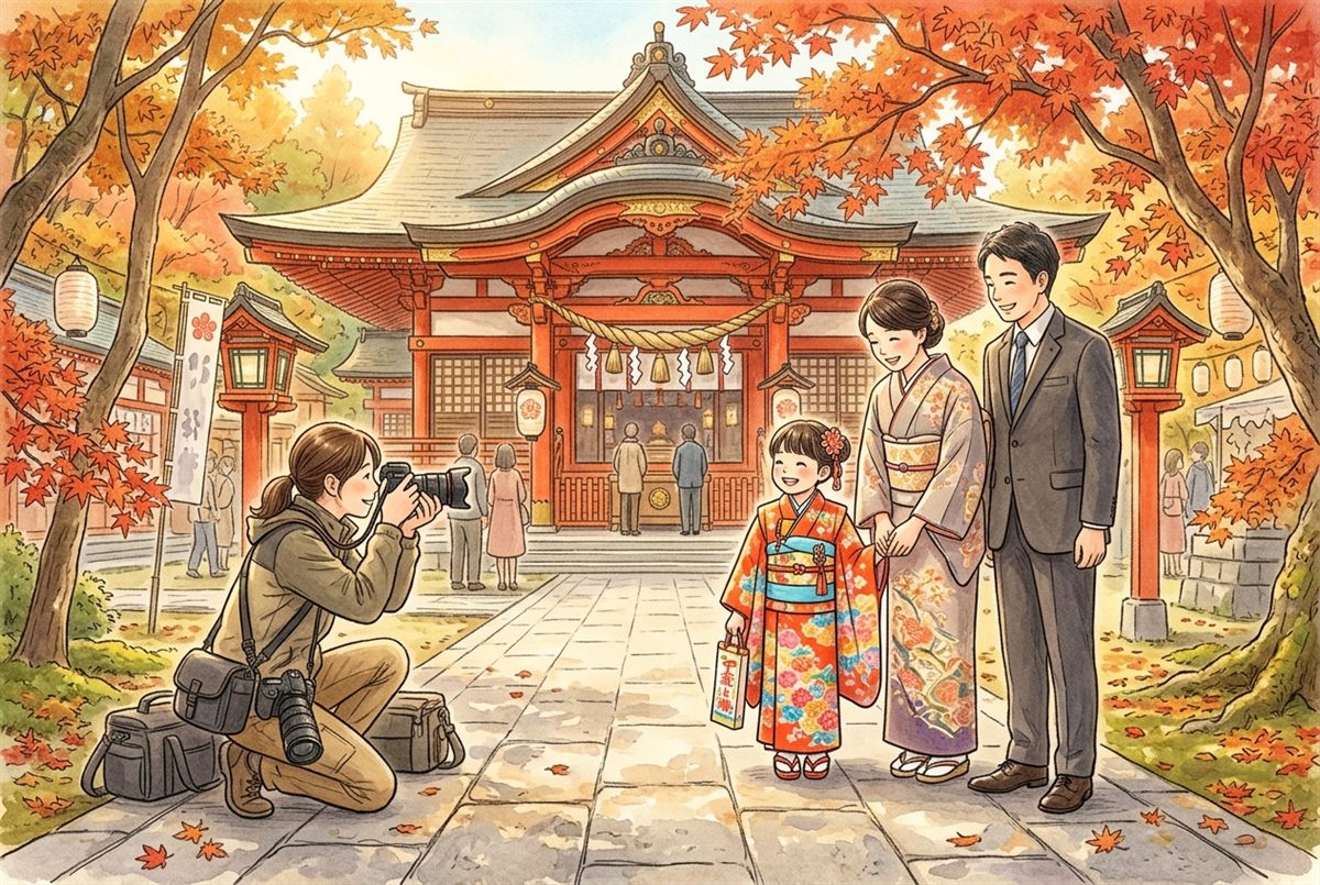 七五三の家族を出張カメラマンが撮影するイラスト