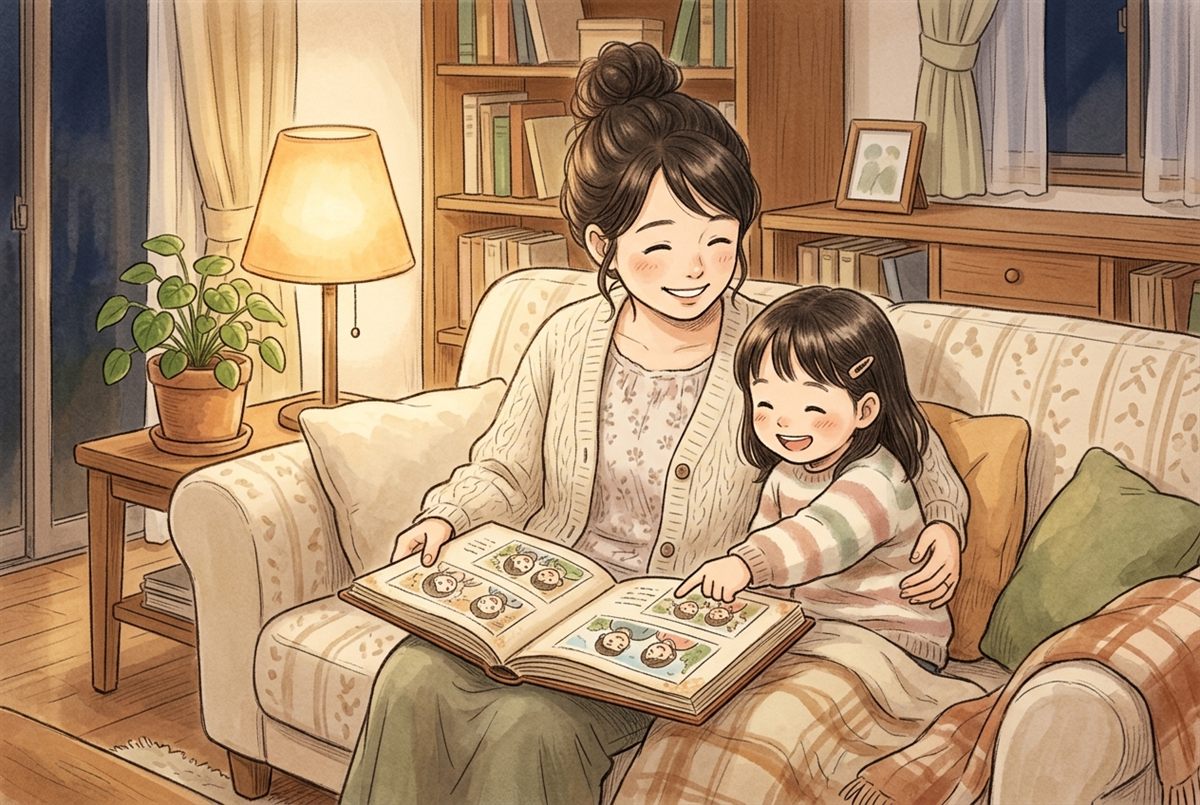 フォトブックを親子で開いて見ているイラスト