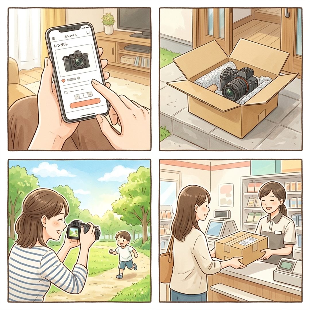 カメラレンタルの流れ(予約・受取・撮影・コンビニ返却)の4ステップ図解イラスト